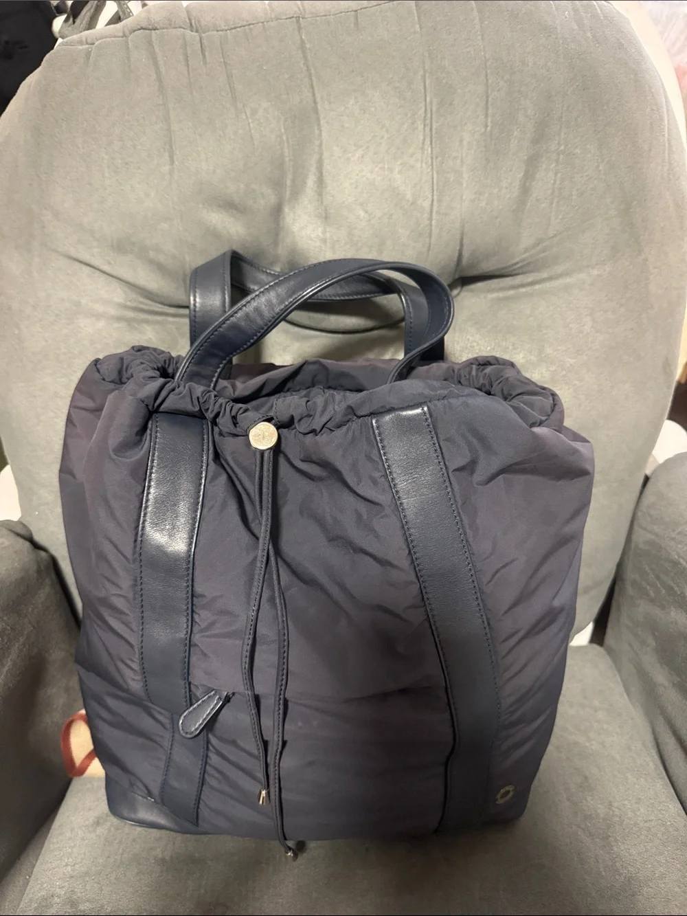 Loro Piana Navy Padded Backpack with Leather Trim